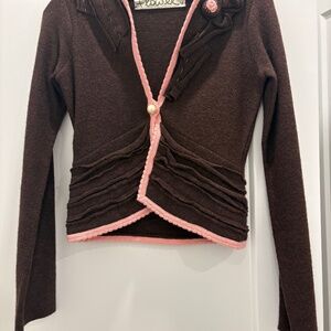 Anthropologie Field Flower Brown with Pink Trim Boiled Wool Sweater Jacket; XS